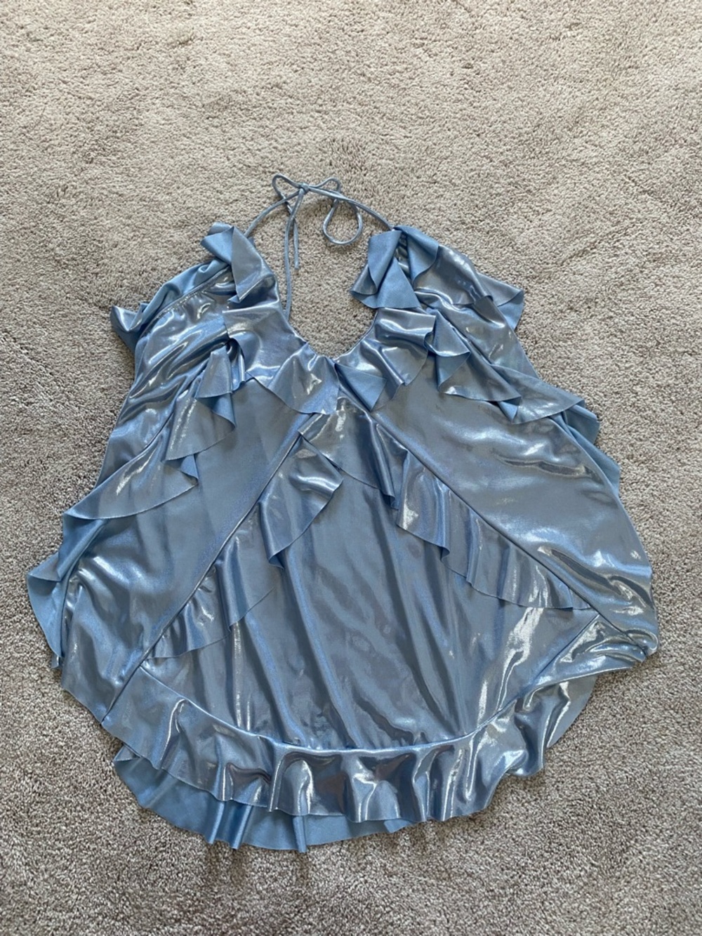 Shimmery Light Blue Ruffle Halter Women's Top